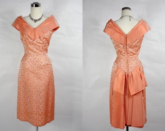 1960's Vintage Orange Cocktail Wiggle Dress w/ Train