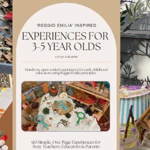 Pode incluir: Uma colagem de imagens com atividades educativas para crianças pequenas. A imagem central exibe o texto: "Experiências para crianças de 3 a 5 anos." Outras imagens mostram lupas, brinquedos e materiais naturais, sugerindo um foco na exploração sensorial e na aprendizagem.