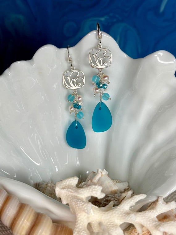 Sterling Silver Wave With Sea Glass, Pearl, and Glass Beads Ocean