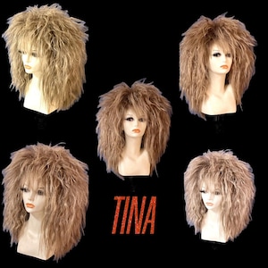 May include: Five wigs with voluminous, layered hairstyles in shades of brown and blonde are displayed on mannequin heads against a black background. The word "TINA" is written in red glittery letters.