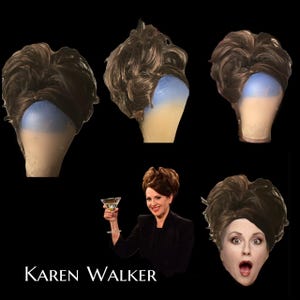 May include: A collection of brown wigs styled in various ways, displayed on mannequin heads with blue and beige tones. The image also includes a photo of a woman with a similar hairstyle, holding a martini, and a headshot with an open mouth. The text "KAREN WALKER" is at the bottom.