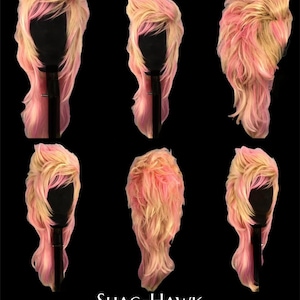 Op de afbeelding: Zes pruiken in shag-hawk stijl, getoond op zwarte mannequinhoofden. De pruiken hebben een mix van roze en blonde tinten. De tekst "SHAG-HAWK" staat onderaan de afbeelding, wat de stijl van de pruiken aangeeft.
