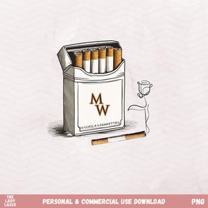 May include: A drawing of a cigarette packet with the letters "MW" on the front, and the text "20 CLASS A CIGARETTES". A single cigarette is next to the pack, and a line drawing of a rose is to the right. The background is a pale pink.