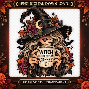 Puede incluir: Una ilustración digital de una persona con un sombrero de bruja negro adornado con hojas de otoño, rosas y una luna creciente. La persona sostiene una taza beige con el texto "WITCH BETTER HAVE MY COFFEE" y un símbolo de luna, rodeada de follaje.