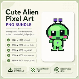 May include: A digital bundle of pixel art featuring a green alien character with purple antennae, black eyes, and pink cheeks. The text reads Cute Alien Pixel Art PNG BUNDLE, listing various file sizes including 1024 x 1024 and 6000 x 6000.