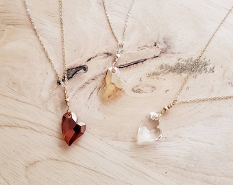 Crystal Heart Necklace, Valentines Day Gift for Her, Gold Heart Necklace, Valentine Necklace, Red Heart Pendant, Gold Fill, Sterling Silver