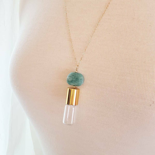 Amazonite Rollerball Necklace, Silver or Gold, Rollerball Jewelry, Roller Bottle Necklace - EO Aromatherapy Jewelry for Essential Oils