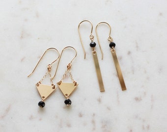 Dainty Gold Gemstone Earrings, Black Spinel Dangle Earrings, Bar Earrings, Triangle Earrings, Minimalist Jewelry, Gift for Her