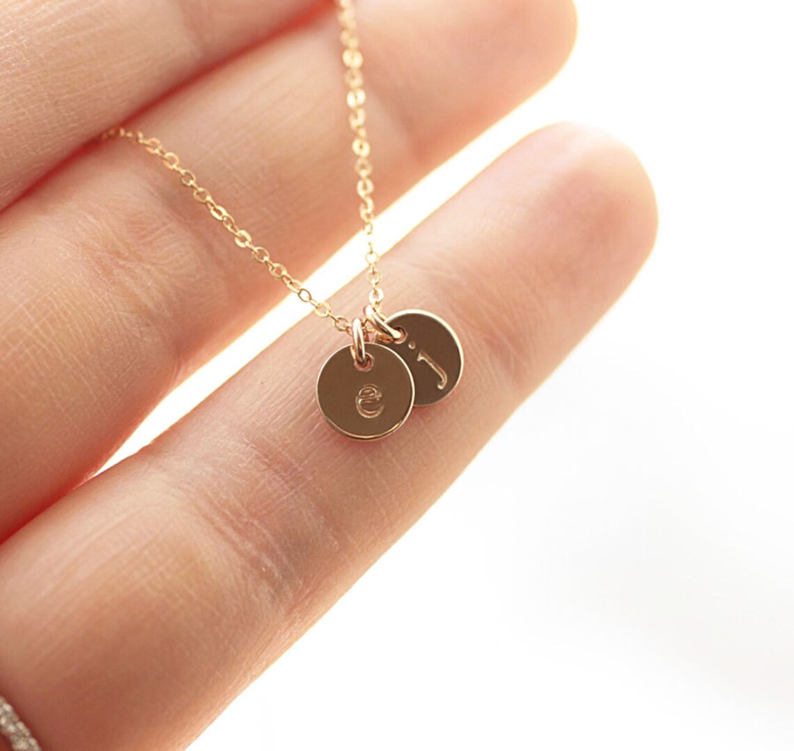 Tiny Gold Initial Necklace TWO Personalized Hand Stamped Etsy