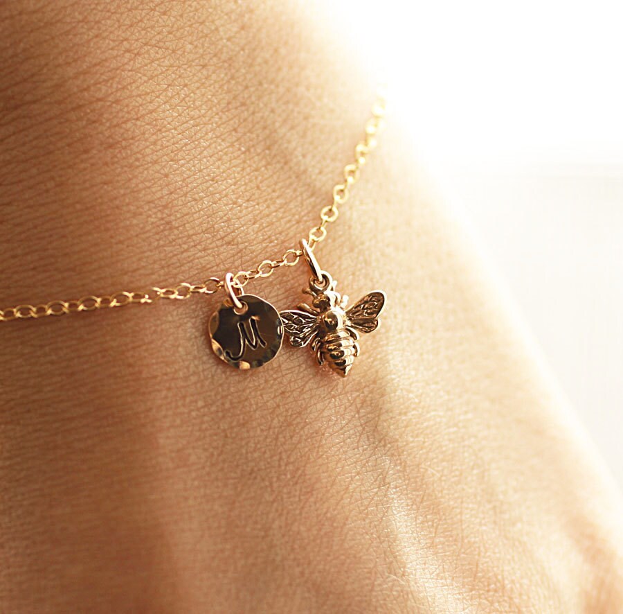 Gold Initial Charm Bracelet Honey Bee Bracelet Custom Etsy