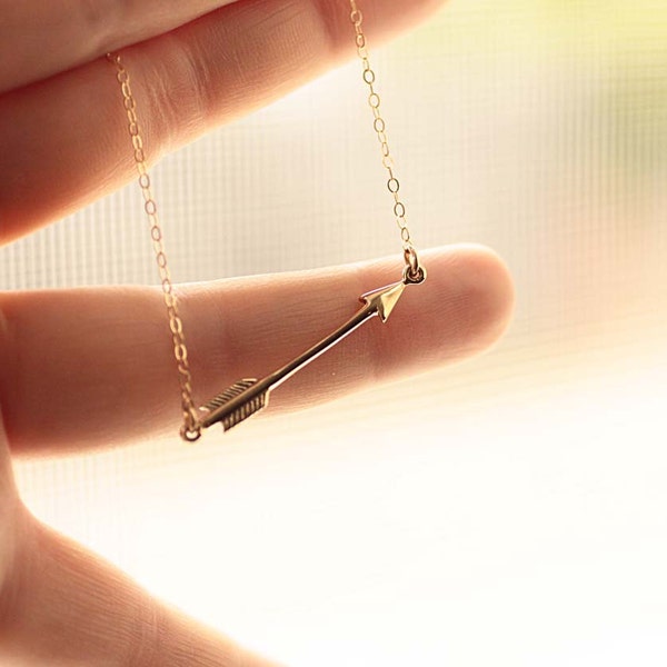 Gold Arrow Necklace, Follow Yours Dreams Graduation Gift, Dainty Arrow Charm Necklace, Layering Necklace / Sterling Silver / Gold Fill