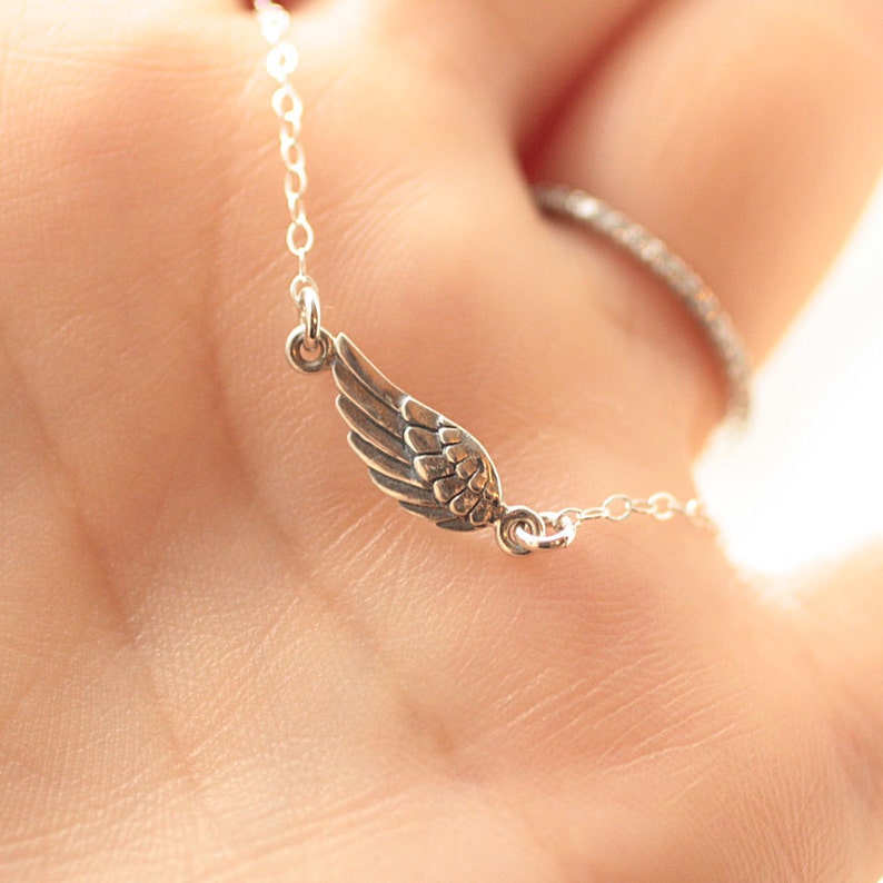 Dainty Angel Wing Necklace Sideways Angel Wing Charm, Sterling Silver, Gold Fill, Minimalist Jewelry, Bereavement Gift, Memorial Jewelry image 4