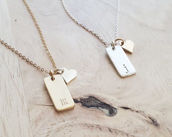 Gold Bar Necklace, Initial Charm & Heart Necklace, Personalized Mother's Necklace - 14k Gold Filled, Sterling Silver - Mixed Metal Jewelry