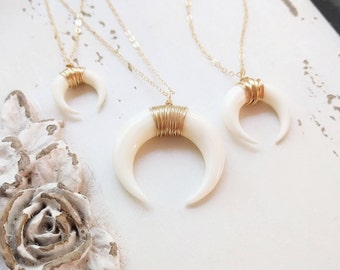 Dainty Double Horn Necklace, Downward Facing Crescent Necklace, Layering Necklace, Moon Necklace, Wire Wrapped Horn, Carved Buffalo Tusk