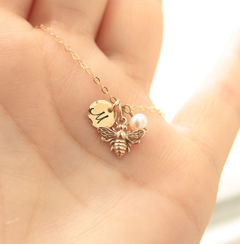 Tiny Honey Bee Necklace Gold Initial Charm Necklace Etsy