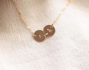 Two Initial Necklace, Gold Filled, 2 Initial Charms, Personalized Necklace, Hand Stamped, Initial Disc, Mother's Necklace, Dainty Necklace