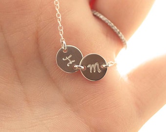 Two Initial Necklace, Sterling Silver, 2 Initial Charms, Personalized Necklace, Hand Stamped, Initial Disc, Mother's Necklace, Dainty