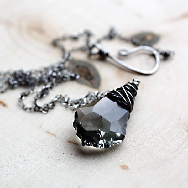 Oxidized Sterling Silver Necklace - Black Diamond Swarovski Crystal, Baroque Pendant, Wire Wrapped Crystal Necklace