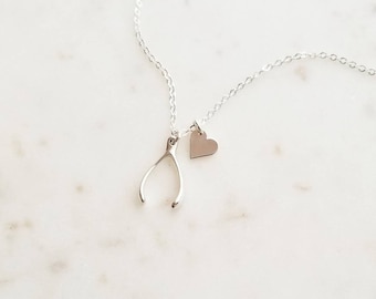 Luck and Love Necklace, Graduation Gift for Her, Gold Wishbone Necklace, Good Luck Charm, Dainty Heart Necklace, Sterling Silver Wishbone