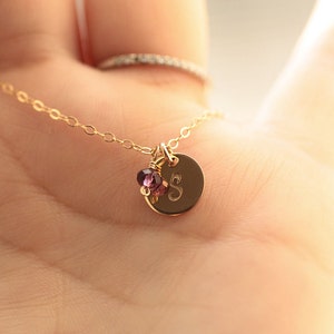 Tiny Gold Initial Necklace, Birthstone Necklace, Personalized Necklace, Hand Stamped, Initial Disc, Mother's Necklace, Gold Filled, Dainty image 3