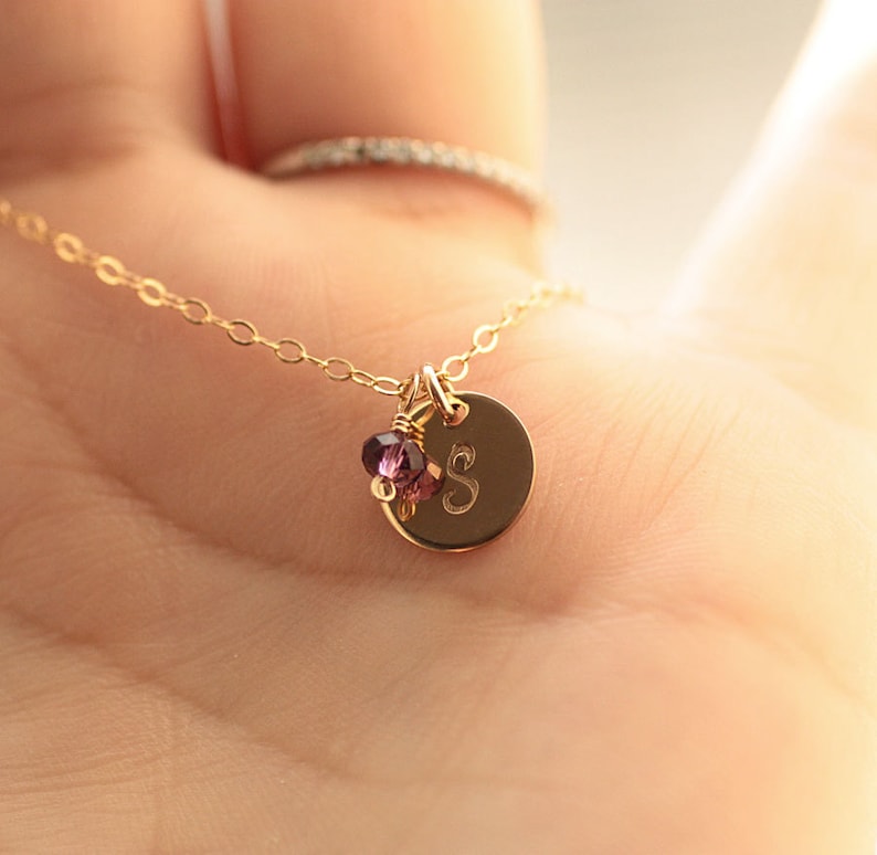 Tiny Gold Initial Necklace, Birthstone Necklace, Personalized Necklace, Hand Stamped, Initial Disc, Mother's Necklace, Gold Filled, Dainty image 3