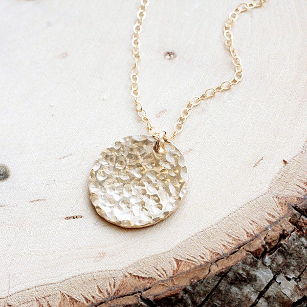 Hammered Disc Necklace, Large Gold Filled Moon Charm, Everyday Necklace, Minimalist, Simple Necklace, 14k Gold FIlled, Dainty