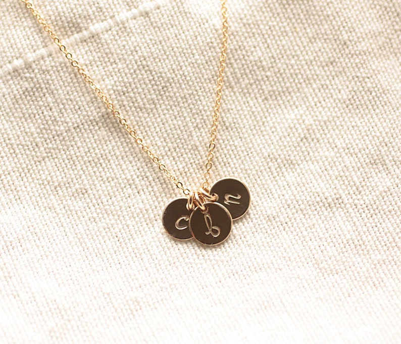 Teeny Tiny Gold Initial Necklace, Mothers Necklace, Personalized Initial Charms, Hand Stamped, 14k Gold Filled, Dainty Bridesmaids Jewelry image 2