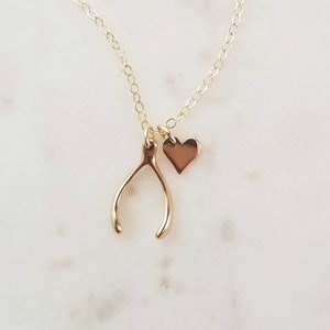 Luck and Love Necklace, Gold Wishbone Necklace, Graduation Gift for Her, Good Luck Charm, Dainty Heart Necklace, Sterling Silver Wishbone