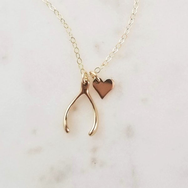 Luck and Love Necklace, Gold Wishbone Necklace, Graduation Gift for Her, Good Luck Charm, Dainty Heart Necklace, Sterling Silver Wishbone