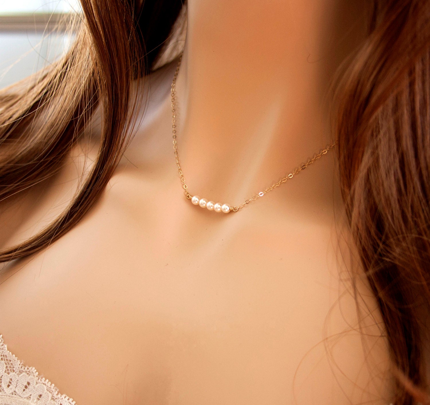 Tiny Pearl Row Necklace Minimal Pearl Necklace Dainty Pearl - Etsy