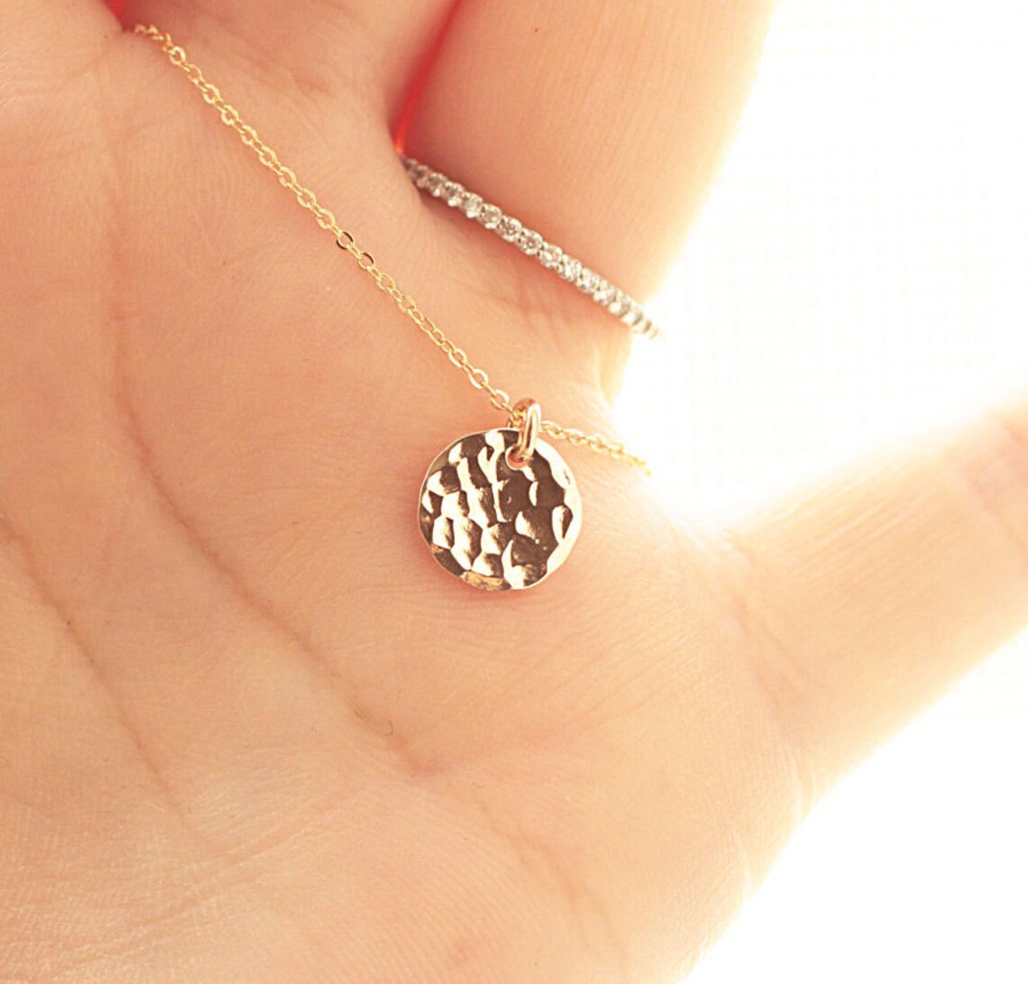 Tiny Gold Disc Necklace Hammered Disc Necklace Gold Filled Etsy