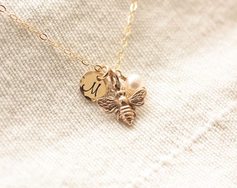 Tiny Honey Bee Necklace, Gold Initial Charm Necklace, Personalized Necklace, Hand Stamped, Initial Charm, Gold Filled, Dainty Necklace