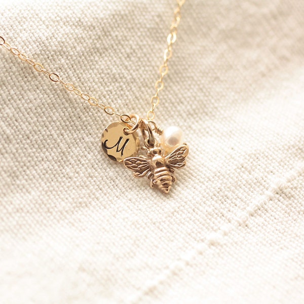 Tiny Honey Bee Necklace, Gold Initial Charm Necklace, Personalized Necklace, Hand Stamped, Initial Charm, Gold Filled, Dainty Necklace