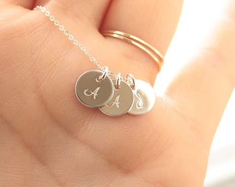 Three Initial Necklace, Sterling Silver, Three Letter Necklace, Hand Stamped Monogram Charm, Personalized Mother's Necklace, Initial Discs