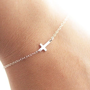 Sideways Cross Bracelet, Tiny Cross Charm,Sterling Silver Bracelet, Sideways Cross Charm - Minimal Everyday Bracelet, Petite