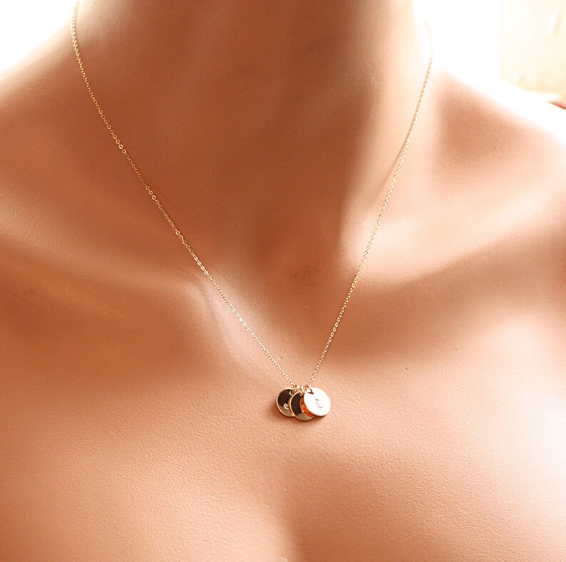 Three Initial Charms Personalized Necklace Gold Filled Hand Stamped Gold Initial Necklace Mother/'s Necklace Hammered Initials Discs