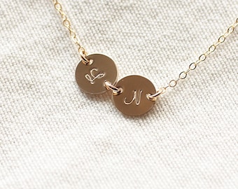 Two Initial Necklace, Gold Filled, 2 Initial Charms, Personalized Necklace, Hand Stamped, Initial Disc, Mother's Necklace, Dainty Necklace