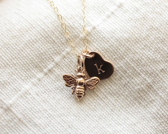 Tiny Bee Necklace, Personalized Jewelry, Initial Charm Necklace, Honey Bee Jewelry // Sterling Silver // Yellow Gold Fill //  Rose Gold Fill
