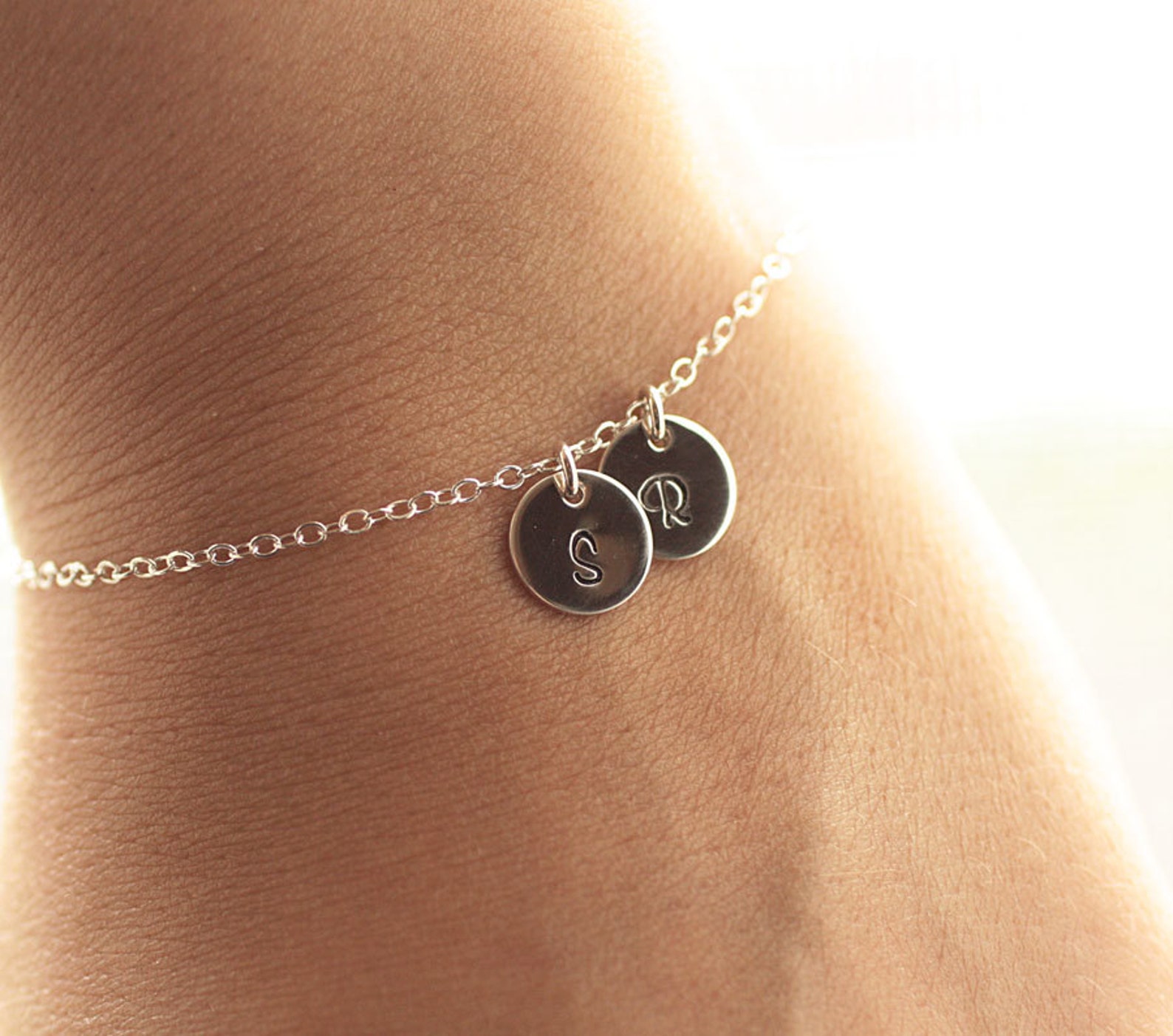 Sterling Silver Initial Bracelet TWO Tiny Initial Charms Etsy