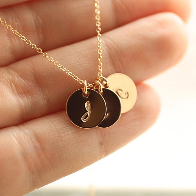 Three Initial Charms Personalized Necklace Gold Filled Hand Stamped Gold Initial Necklace Mother/'s Necklace Hammered Initials Discs