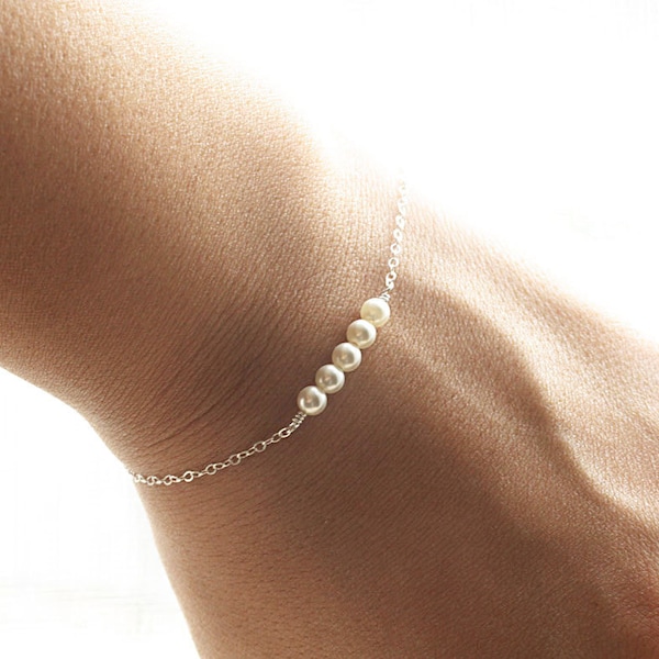 Everyday Tiny Pearl Bar Bracelet, Dainty Row of Swarovski Pearls, Sterling Silver, Gold, Rose Gold, Bridal Jewelry, Bridesmaids Gift