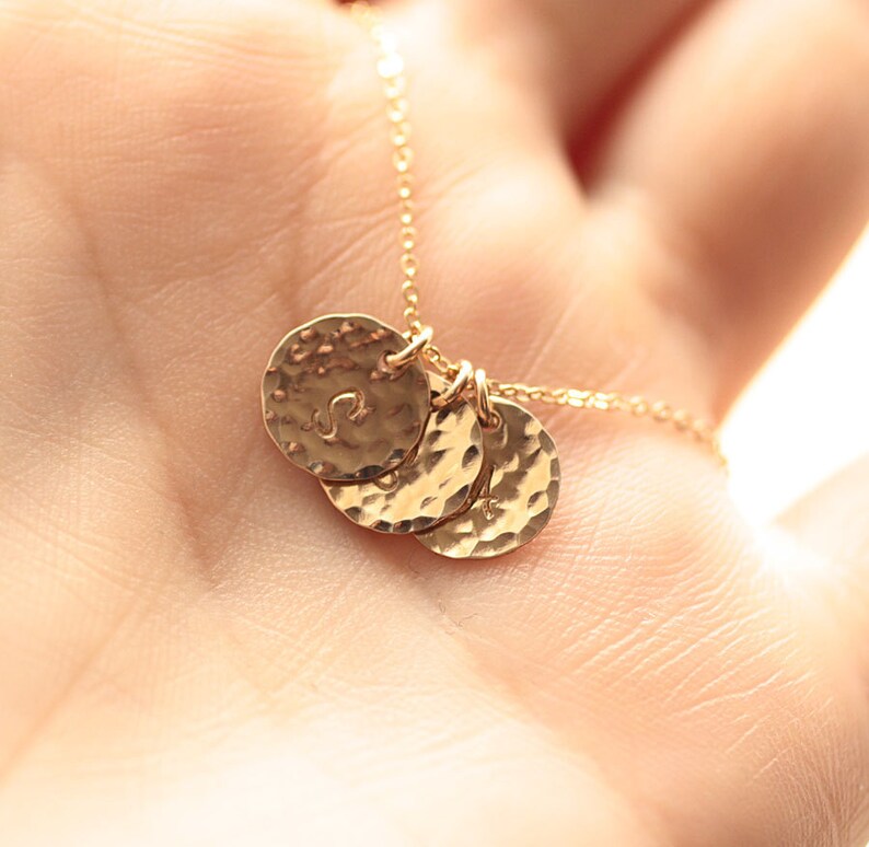 Three Initial Charms Personalized Necklace Gold Filled Hand Stamped Gold Initial Necklace Mother/'s Necklace Hammered Initials Discs