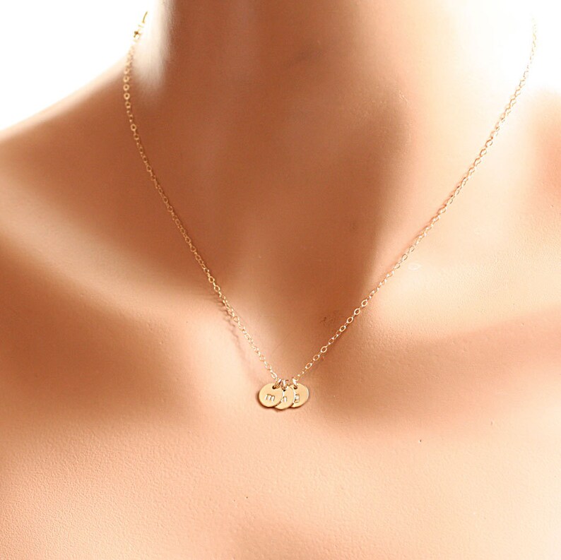 Teeny Tiny Gold Initial Necklace, Mothers Necklace, Personalized Initial Charms, Hand Stamped, 14k Gold Filled, Dainty Bridesmaids Jewelry image 4