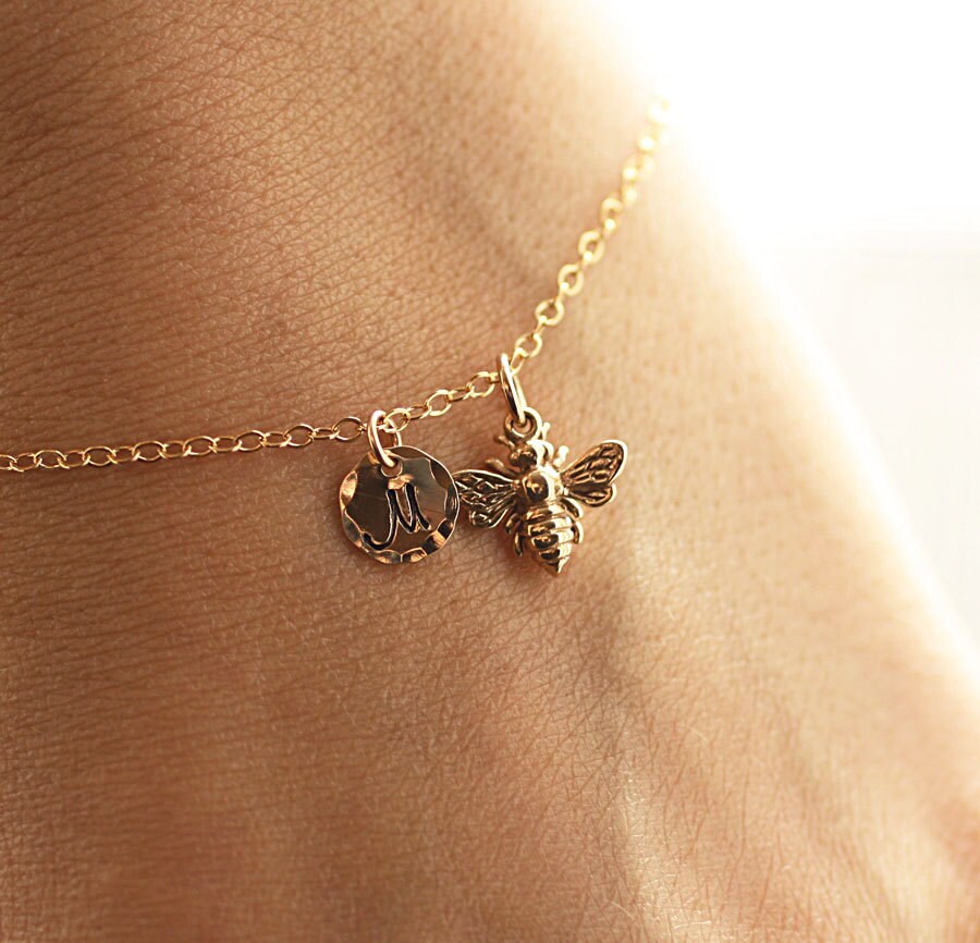 Gold Initial Charm Bracelet Honey Bee Bracelet Custom Etsy