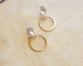 Dainty Gold Cubic Zirconia Post Hoop Earring Drops / Delicate CZ Minimalist Jewelry / Gold & Sterling Silver Mixed Metals