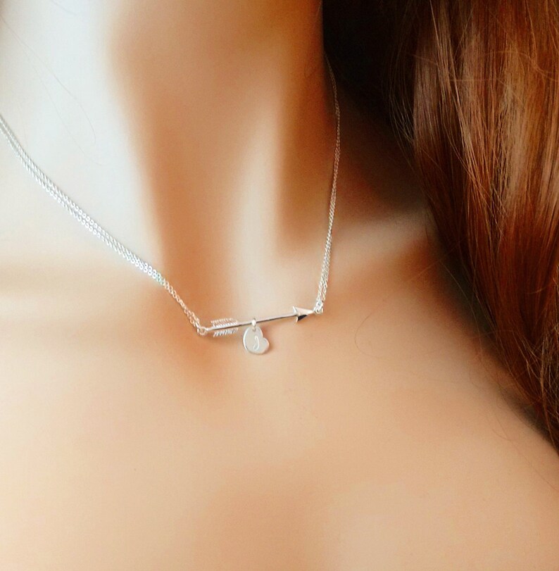 Personalized Heart and Arrow Necklace, Valentines Day Gift for Her, Dainty Arrow Necklace, Initial Necklace, Sterling Silver, Gold Fill image 1