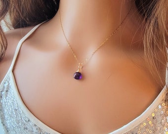 Dainty Amethyst Gemstone Necklace in 14kt Gold Fill / February Birthstone, Natural Wire Wrapped Gemstone Briolette Pendant. Gift for Her