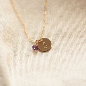 Tiny Gold Initial Necklace, Birthstone Necklace, Personalized Necklace, Hand Stamped, Initial Disc, Mother's Necklace, Gold Filled, Dainty image 2