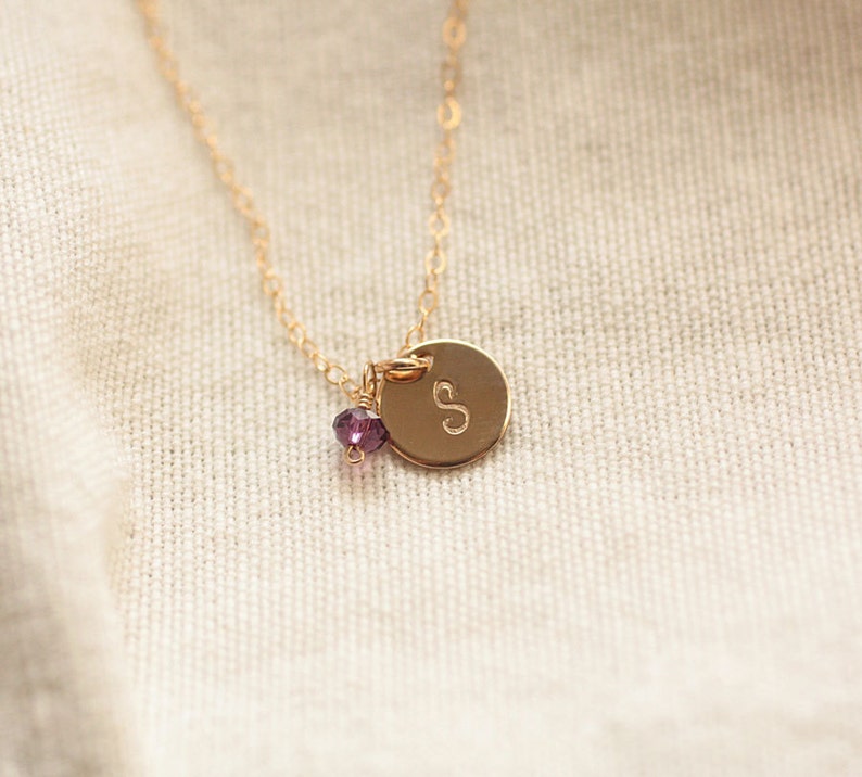 Tiny Gold Initial Necklace, Birthstone Necklace, Personalized Necklace, Hand Stamped, Initial Disc, Mother's Necklace, Gold Filled, Dainty image 2