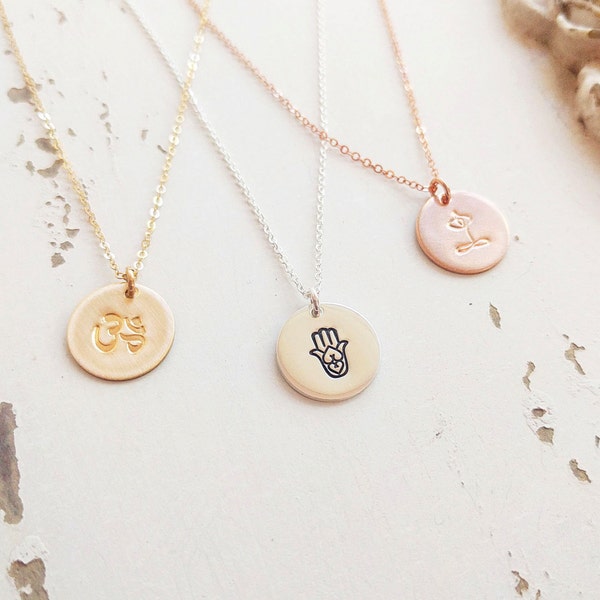 Yoga Necklace, Spiritual Jewelry, Yoga Jewelry, Namaste Necklace, Om Necklace, Hamsa Hand Necklace, Rose Gold, Yellow Gold, Sterling Silver